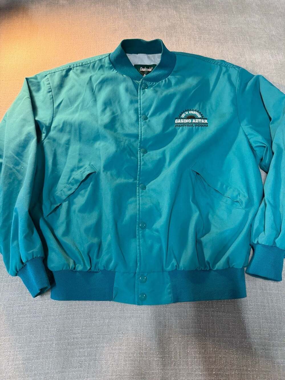 Vintage 90s Dunbrooke Casino Aztar Evansville Indiana Teal Bomber Jacket XL Made
